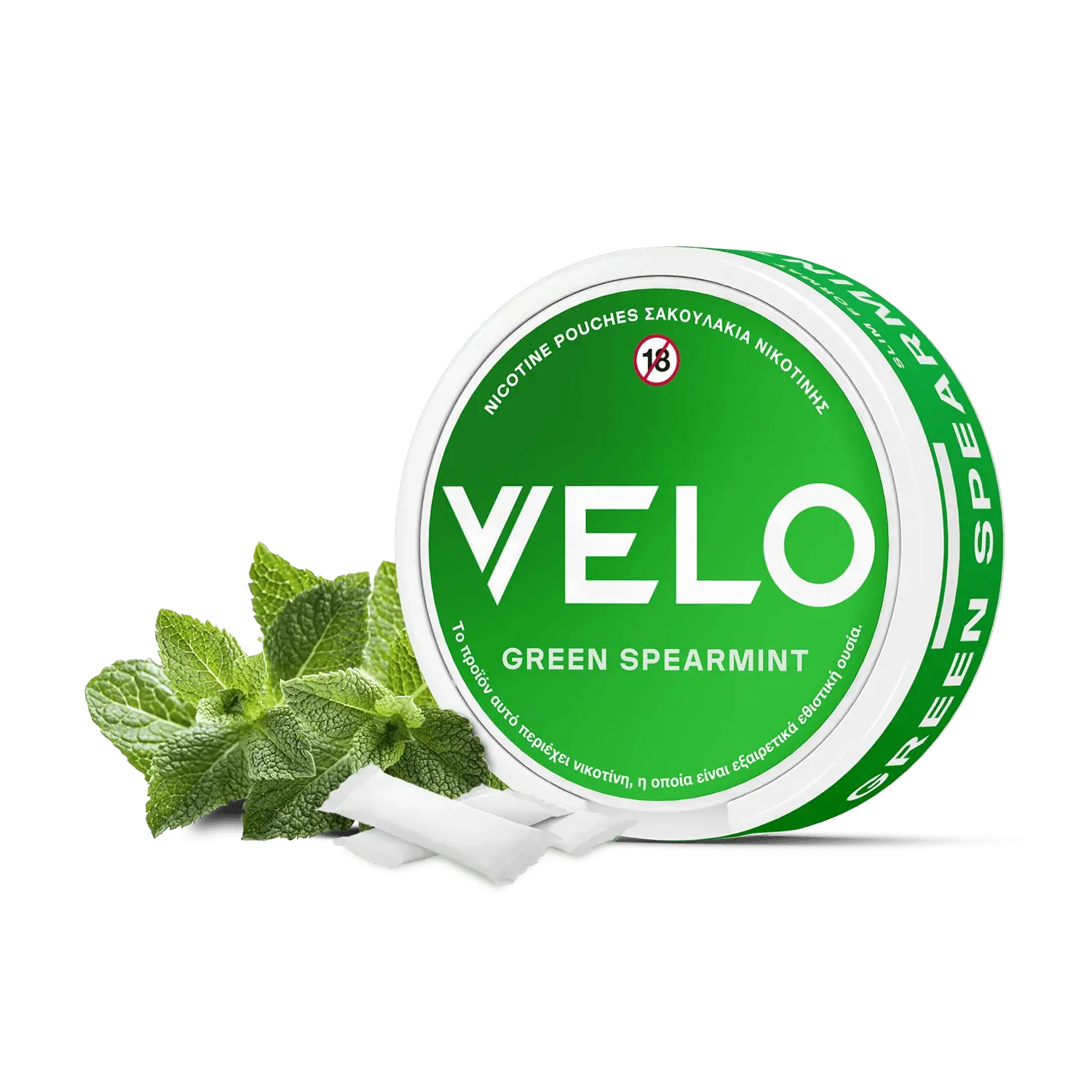 A round tin of FREE SAMPLE Nicotine Pouches is shown with mint leaves and three white pouches in front. The green and white tin has English and Greek labeling, a bold 18+ warning, and highlights its popularity in Greece.