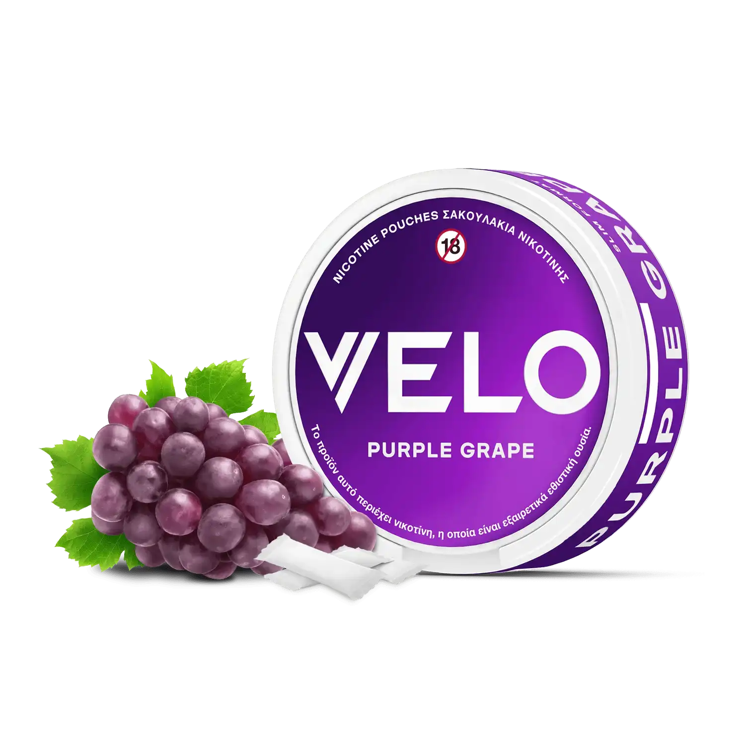 A round purple and white container labeled FREE SAMPLE, featuring Greek text and an 18+ symbol, is shown beside grapes and two white pouches. This nicotine pouch from Greece is a standout Product of the Year 2025.