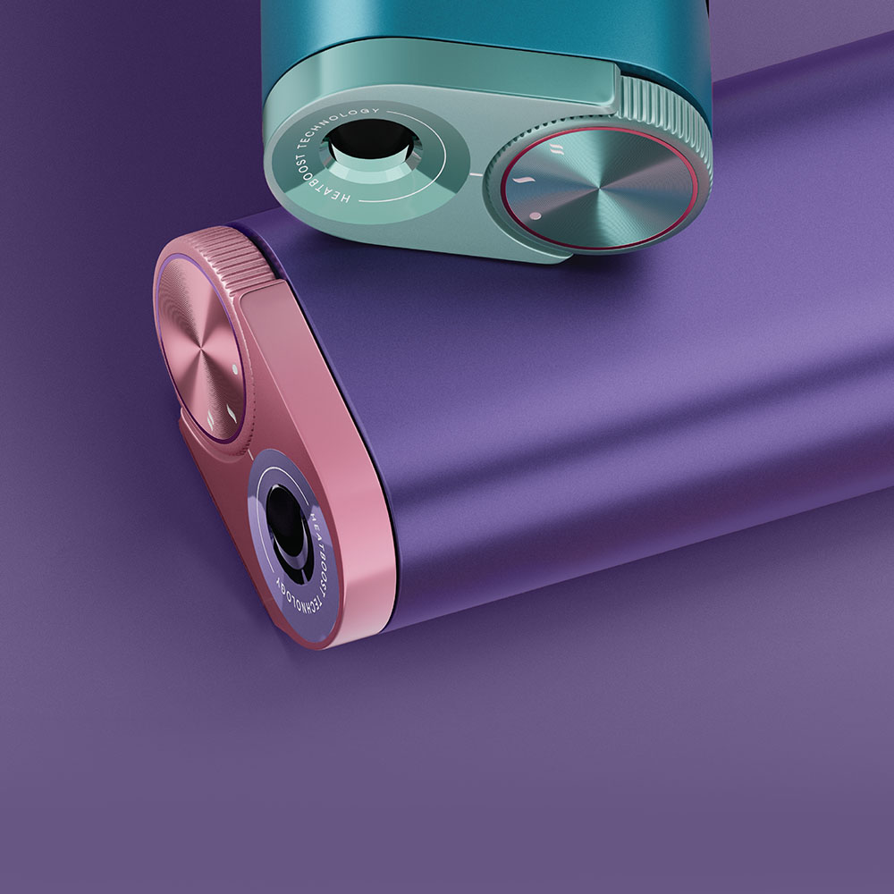 Two sleek, modern electronic devices with metallic finishes—one teal and mint green, the other purple and pink—are positioned against a purple background, showcasing their rounded ends and circular dials.