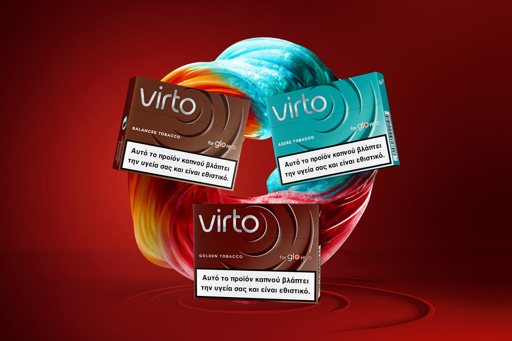 Three Virto tobacco product packs—brown, blue, and gold—are displayed against a swirling red and blue abstract background. Each pack has a health warning label in Greek at the bottom.