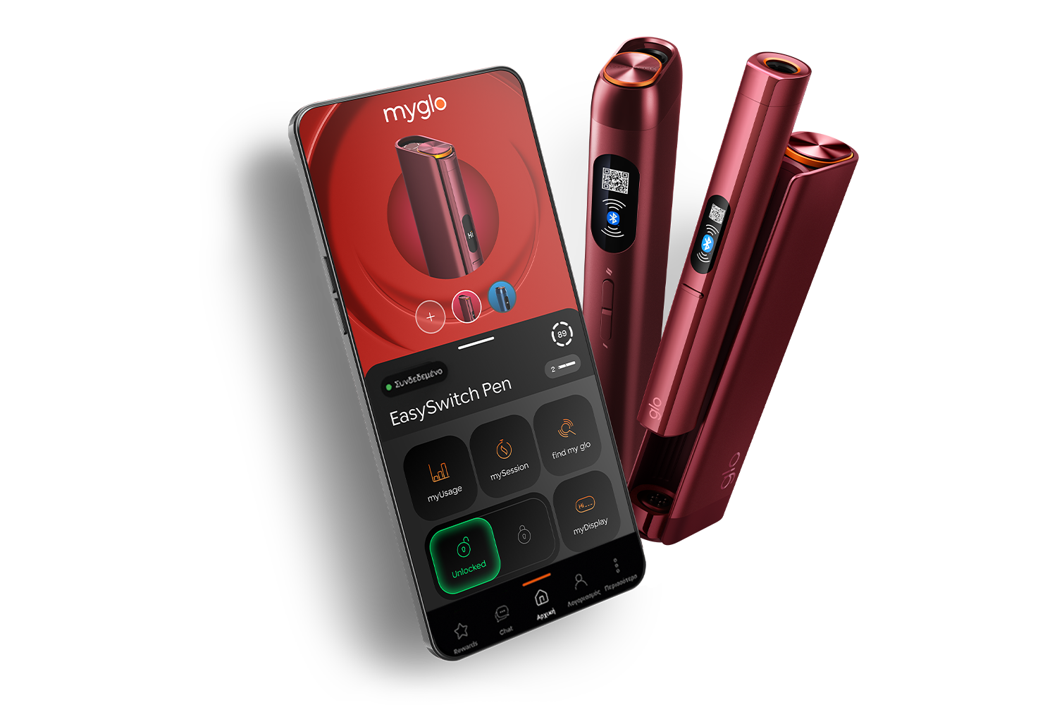 A smartphone displays an app interface for controlling a red electronic device called EasySwitch Pen, shown next to the phone in two positions. The pen features a screen and control buttons.