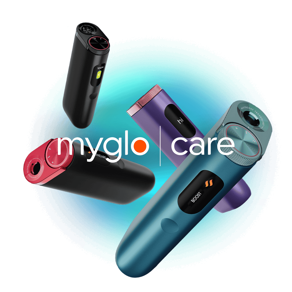 Four sleek, modern inhaler devices in black and blue are arranged on a light background with a blue glow, and the words “myglo care” overlay the image in white and orange text.