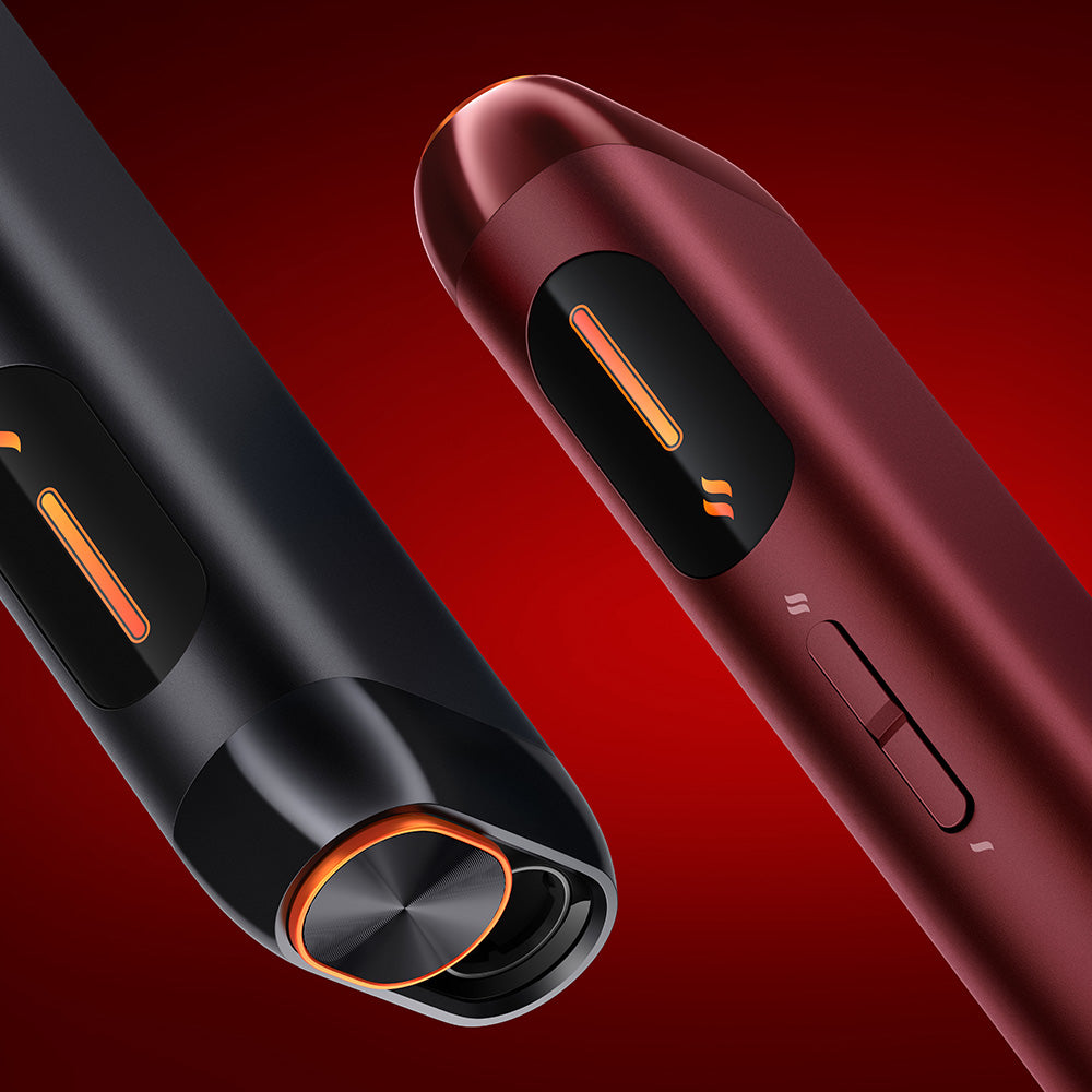 Two sleek, modern electronic devices, one black and one red, with orange accents, set against a red gradient background. Both have buttons and rounded edges, showcasing a high-tech, stylish design.