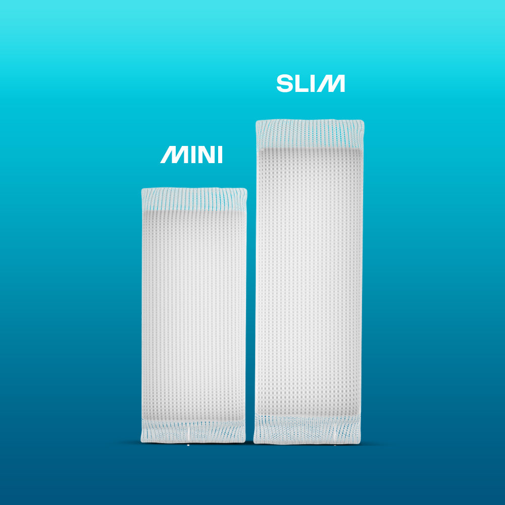 Two rectangular white pads, labeled MINI (left) and SLIM (right), stand upright on a blue gradient background. The taller SLIM pad and MINI are inspired by Greece's award-winning FREE SAMPLE Nicotine Pouches, Product of the Year 2025.