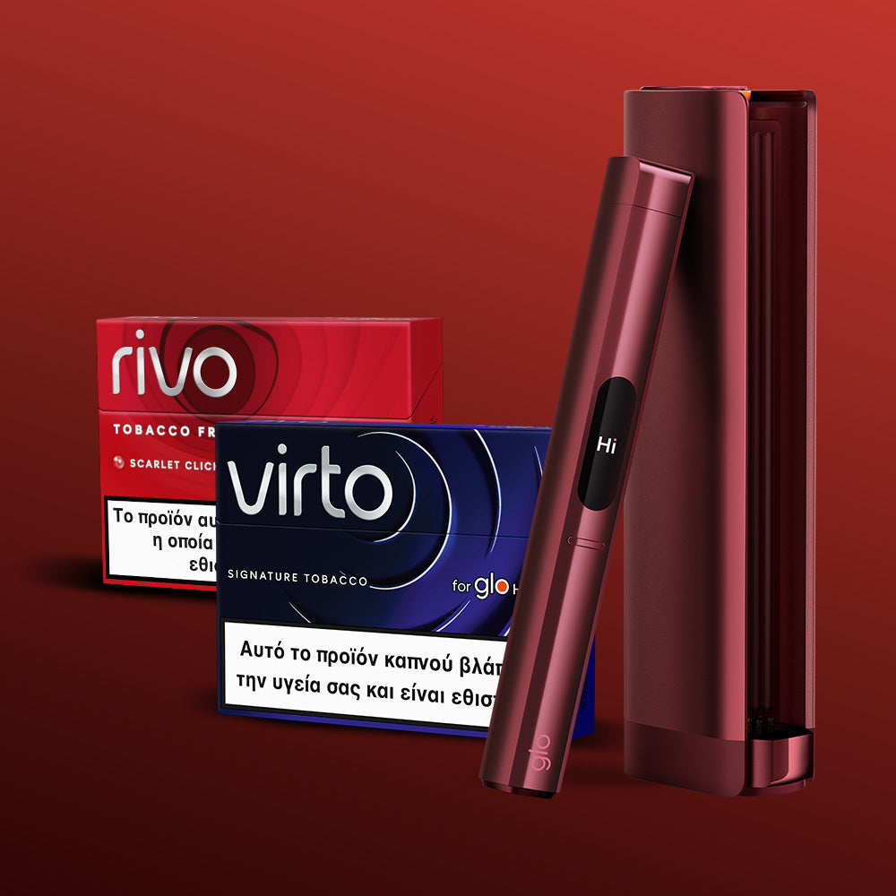 A glo™ HILO Plus Charging Dock stands upright beside two tobacco packs labeled rivo and virto with Greek warnings, set against a red gradient background—ideal for charging or keeping as a spare device.