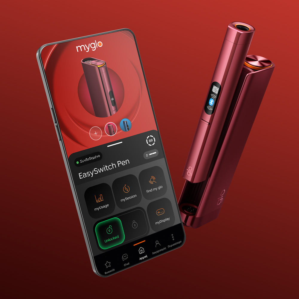 A red glo™ HILO Plus vape pen sits beside a smartphone displaying the myglo app interface with device controls and info, set against a gradient background in shades of red.