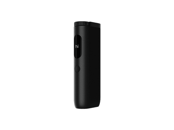 A sleek, black, cylindrical glo™ HYPER PRO with a small screen displaying "hi" and a single button below the screen, set against a plain light gray background.