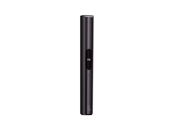 A slim, black glo™ HILO Plus Replacement Pen with a small screen showing "Hi" in white text stands upright on a plain light gray background.