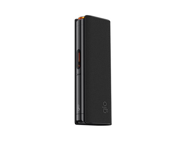 The glo™ HILO Plus Sleeve is a sleek black device with a premium fabric cover, an orange accent, and the glo logo at the bottom. It stands upright against a plain light gray background and features a small button on the side.