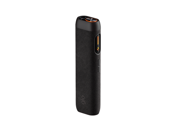 The glo™ HILO Sleeve, a sleek and rectangular black accessory with rounded edges and a premium fabric cover, featuring minimal side buttons, stands upright against a plain white background.