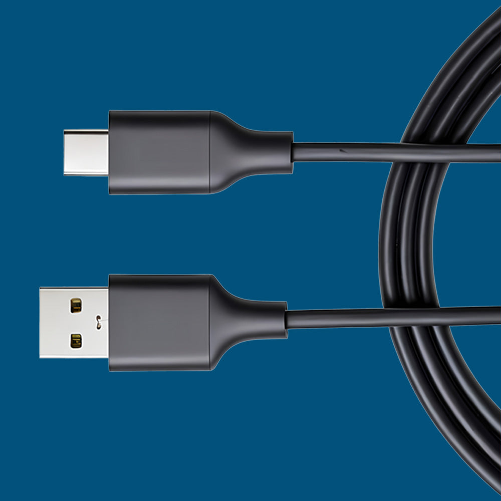 A black USB cable with a USB-A connector on one end and a USB-C connector on the other, coiled on a solid blue background.