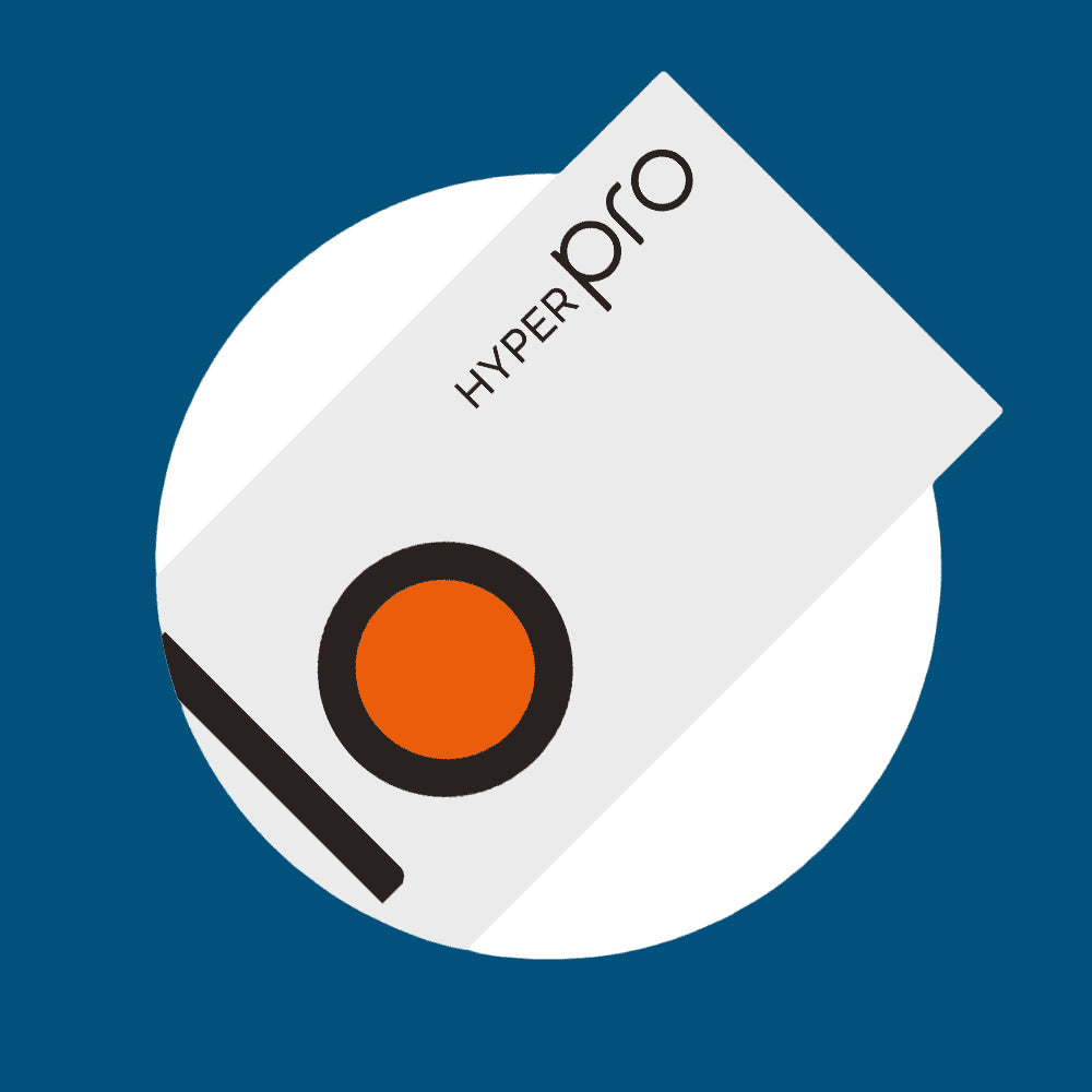 A minimalist illustration of a white rectangle labeled HYPER pro with an orange circle and black lines, diagonally placed over a white circle on a blue background.