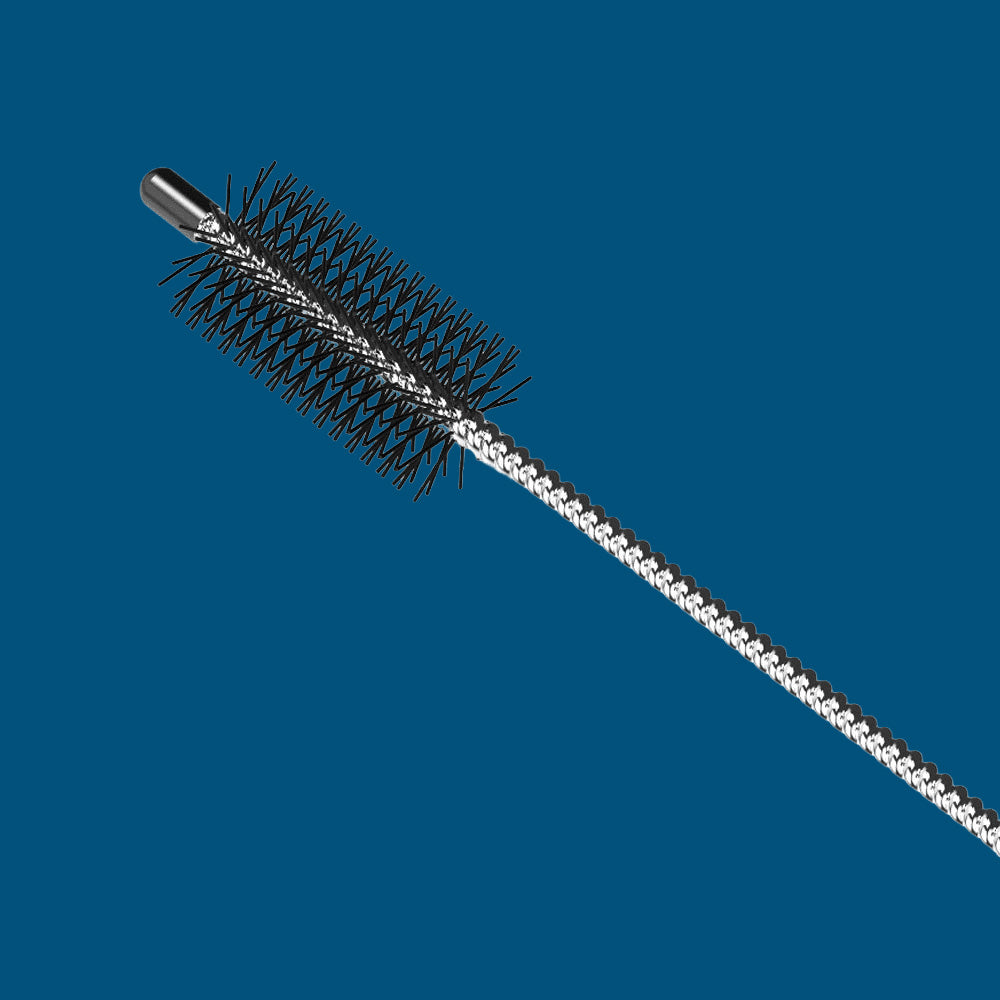 A close-up image of a metal straw cleaning brush with black bristles and a twisted metal handle, set against a solid blue background.