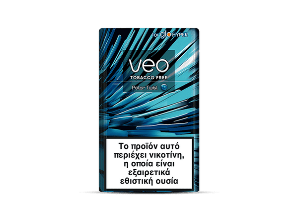 A rectangular veo™ Polar Twist package featuring a blue abstract design and a Greek warning label indicating it contains nicotine, a highly addictive substance.