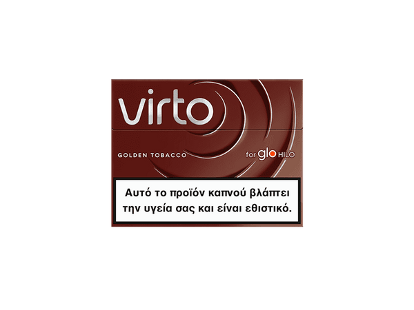A pack of virto™ Golden Tobacco for glo HILO, with a Greek warning label stating: This product is harmful to your health and is addictive.