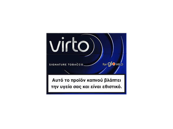 A blue virto™ Signature Tobacco pack with Greek text warning: This product harms your health and is addictive. Packaging features bold white and blue lettering.