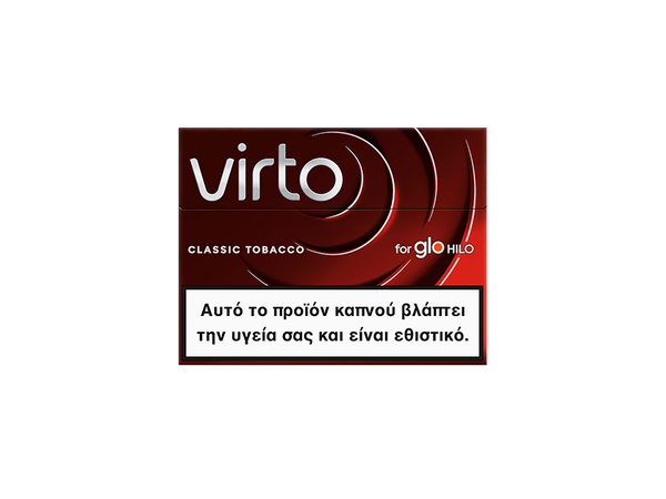 A red and brown packet labeled virto™ Classic Tobacco for glo HILO features a Greek health warning in a white box, stating the product is harmful to health and addictive.
