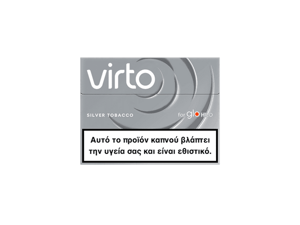 A silver-grey pack labeled virto™ Silver Tobacco for glo HILO, displaying a Greek health warning: Αυτό το προϊόν καπνού βλάπτει την υγεία σας και είναι εθιστικό.
